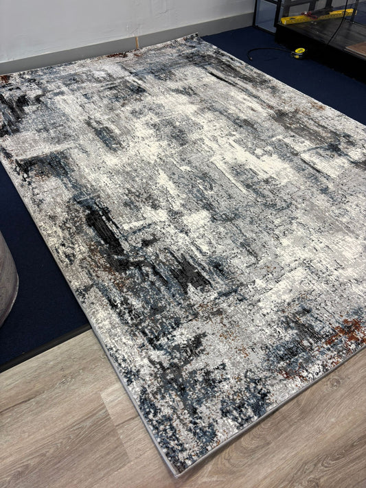 Modern Abstract Grey Area Rug – Distressed Texture with White & Rust Accents