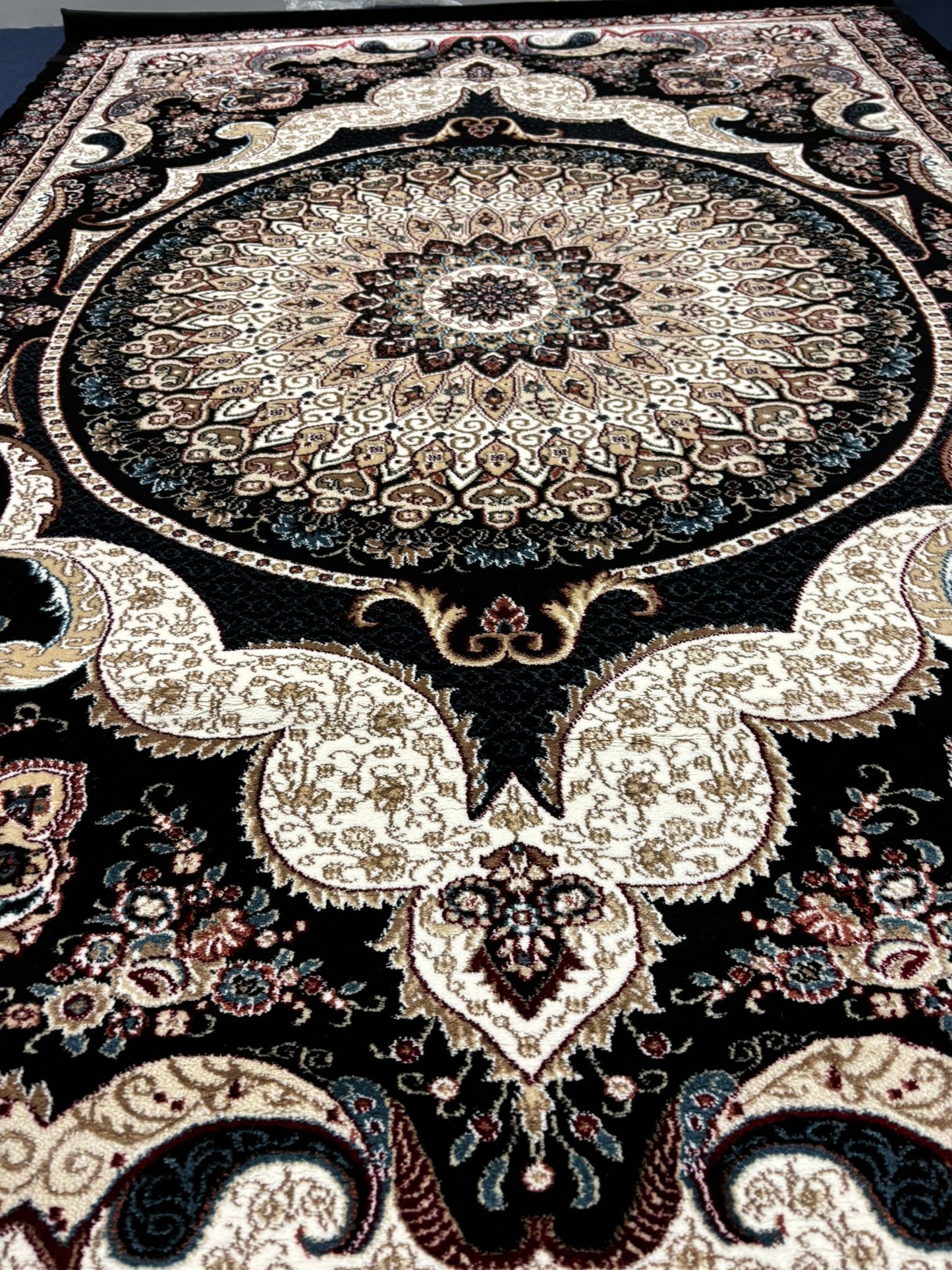 Luxurious Turkish Black Area Rug – Medallion Pattern