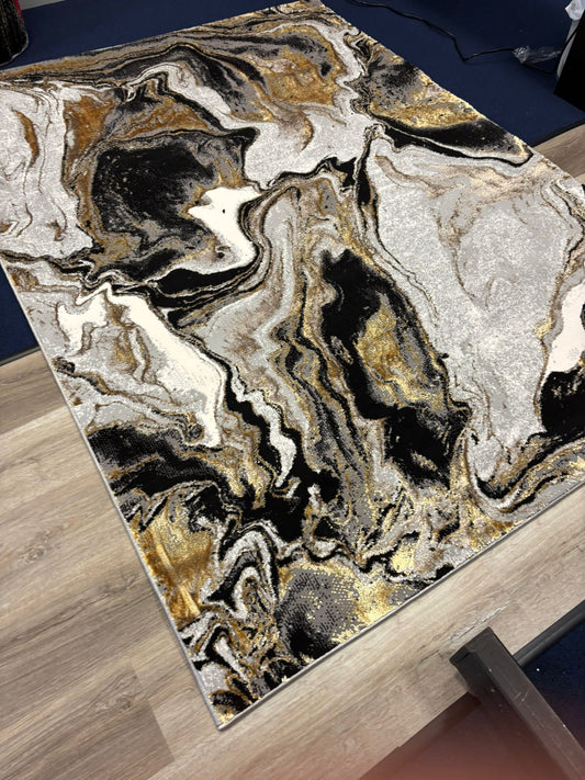 Luxury Abstract Marble Area Rug – Black, Gold & White | Modern Statement Design | Free USA Shipping