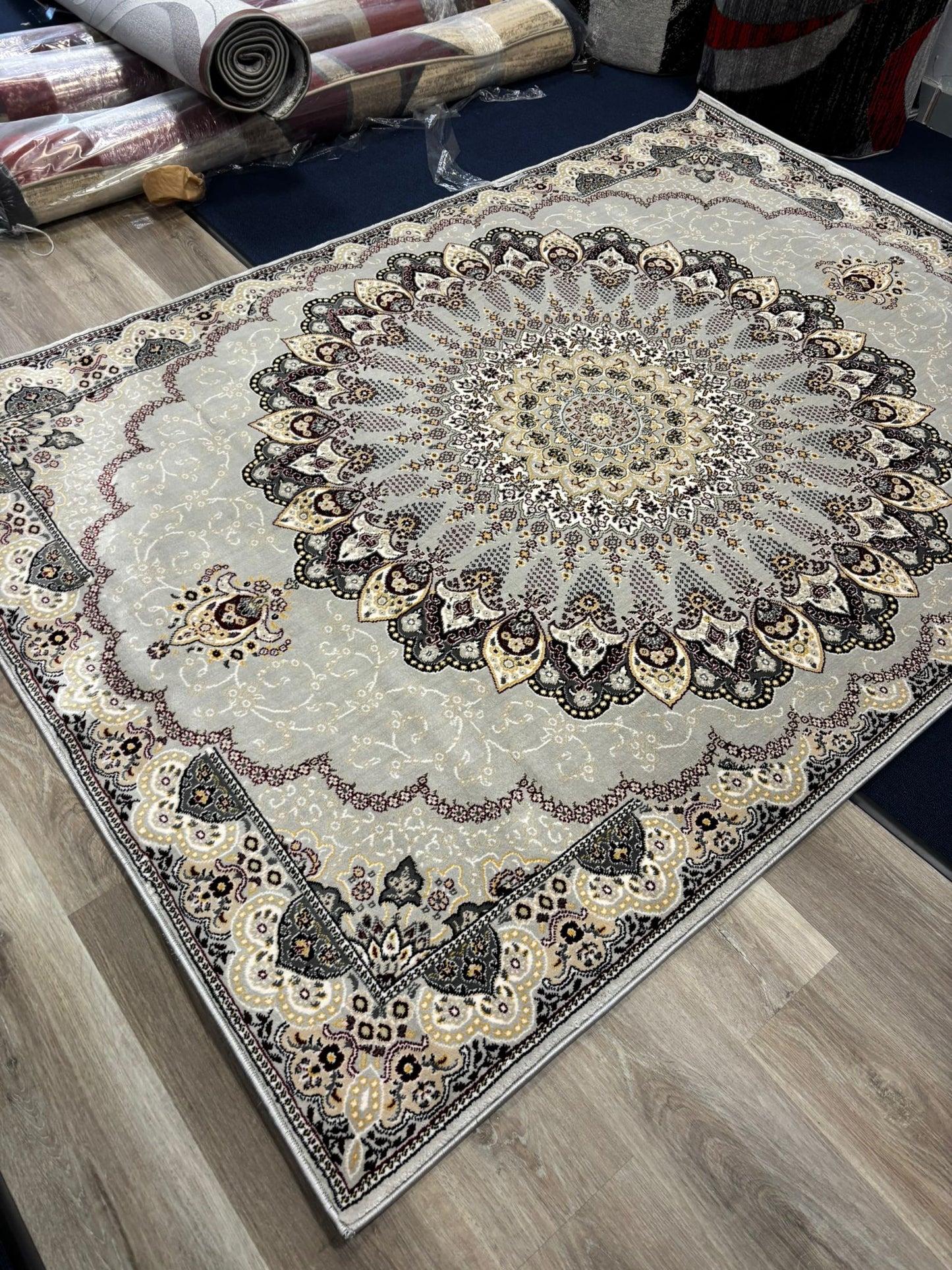 Persian Mandala Medallion Rug – Grey, Beige & Burgundy | Traditional Luxury Area Rug | Free USA Shipping