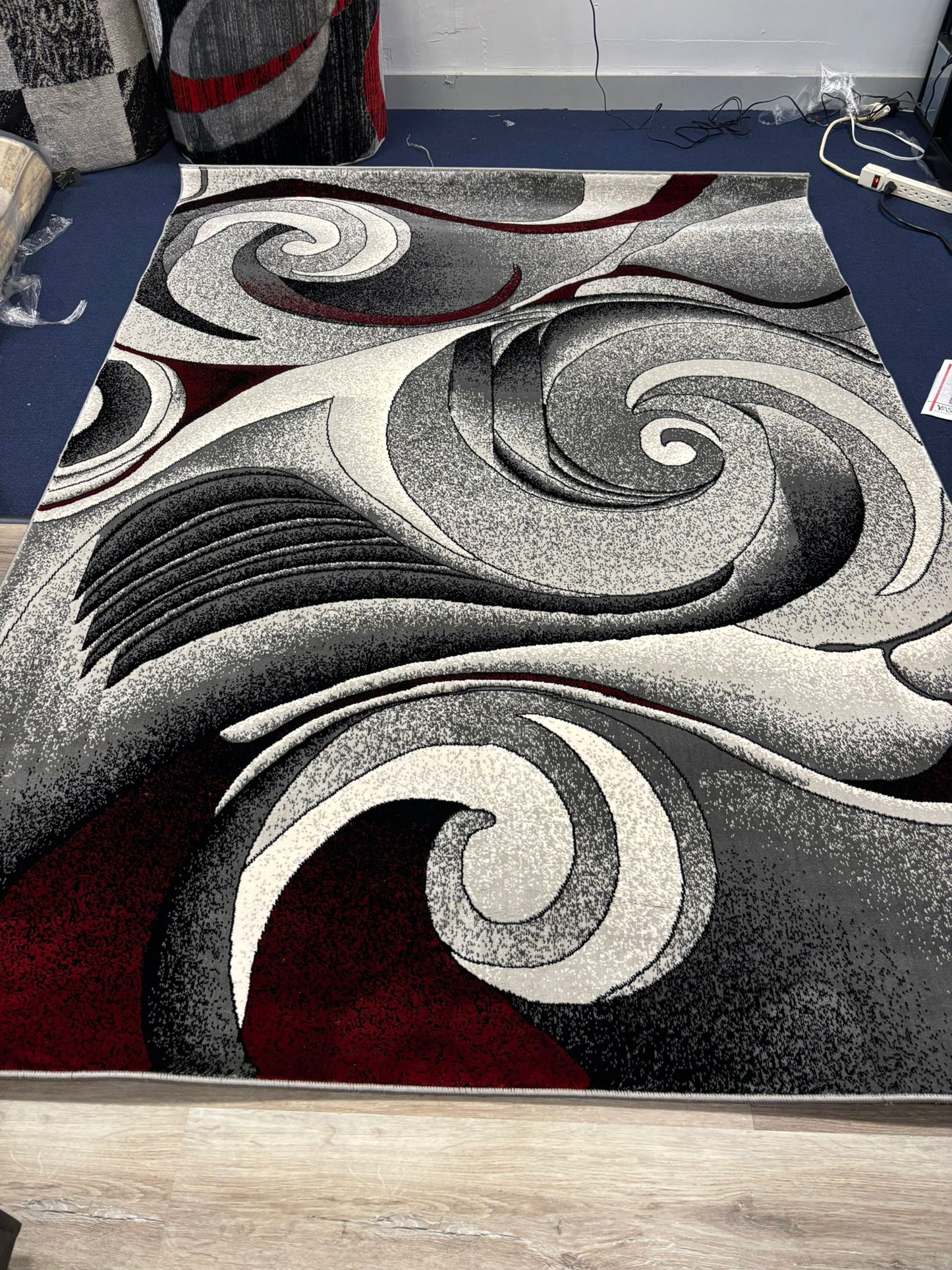 Modern Abstract Swirl Rug – Black, Grey, White & Red | Bold Contemporary Area Rug | Free USA Shipping