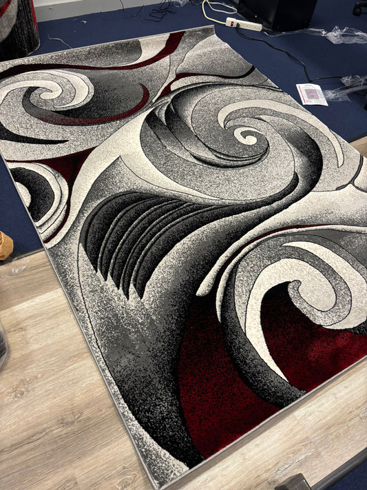 Modern Abstract Swirl Rug – Black, Grey, White & Red | Bold Contemporary Area Rug | Free USA Shipping