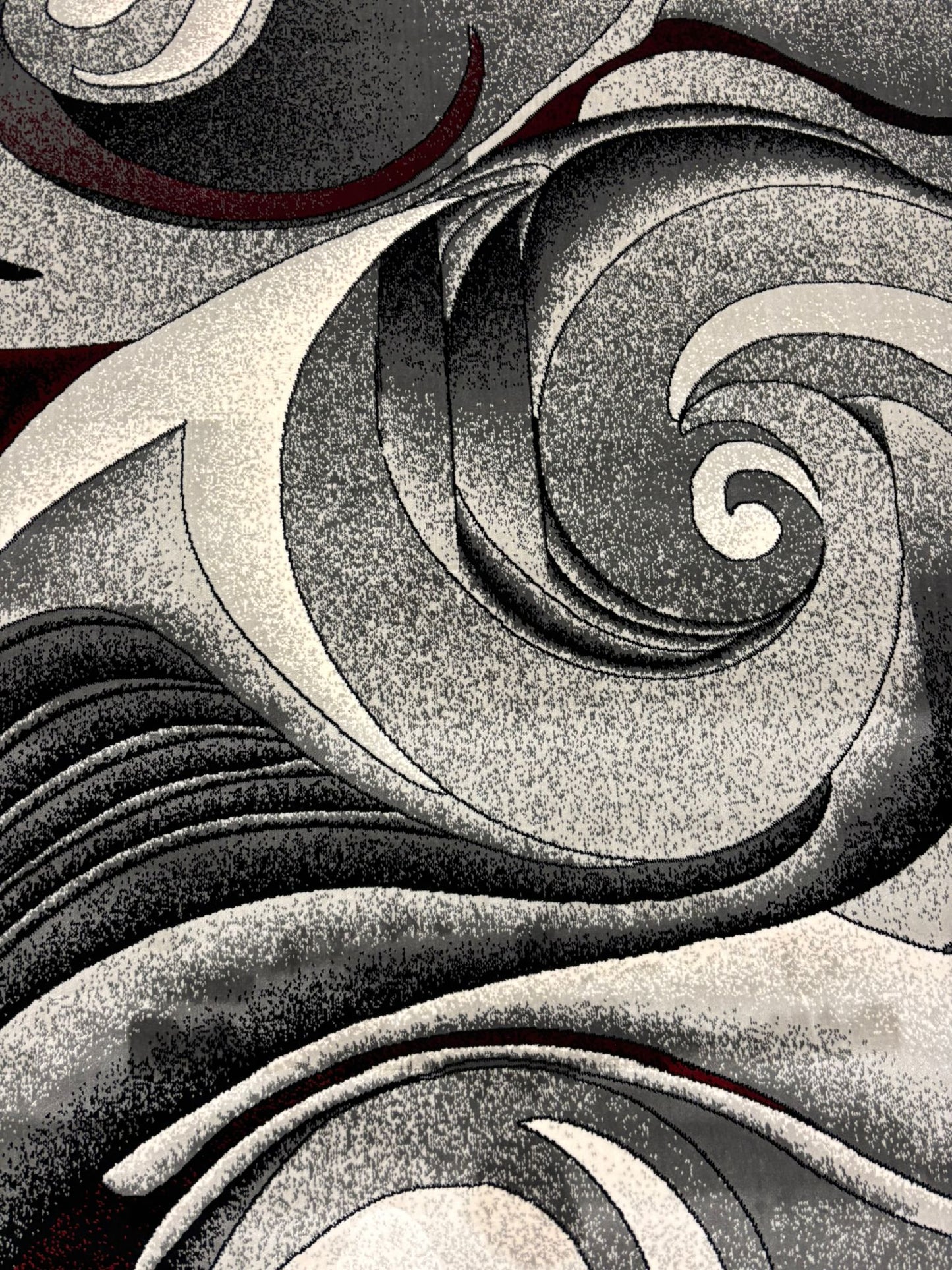 Modern Abstract Swirl Rug – Black, Grey, White & Red | Bold Contemporary Area Rug | Free USA Shipping