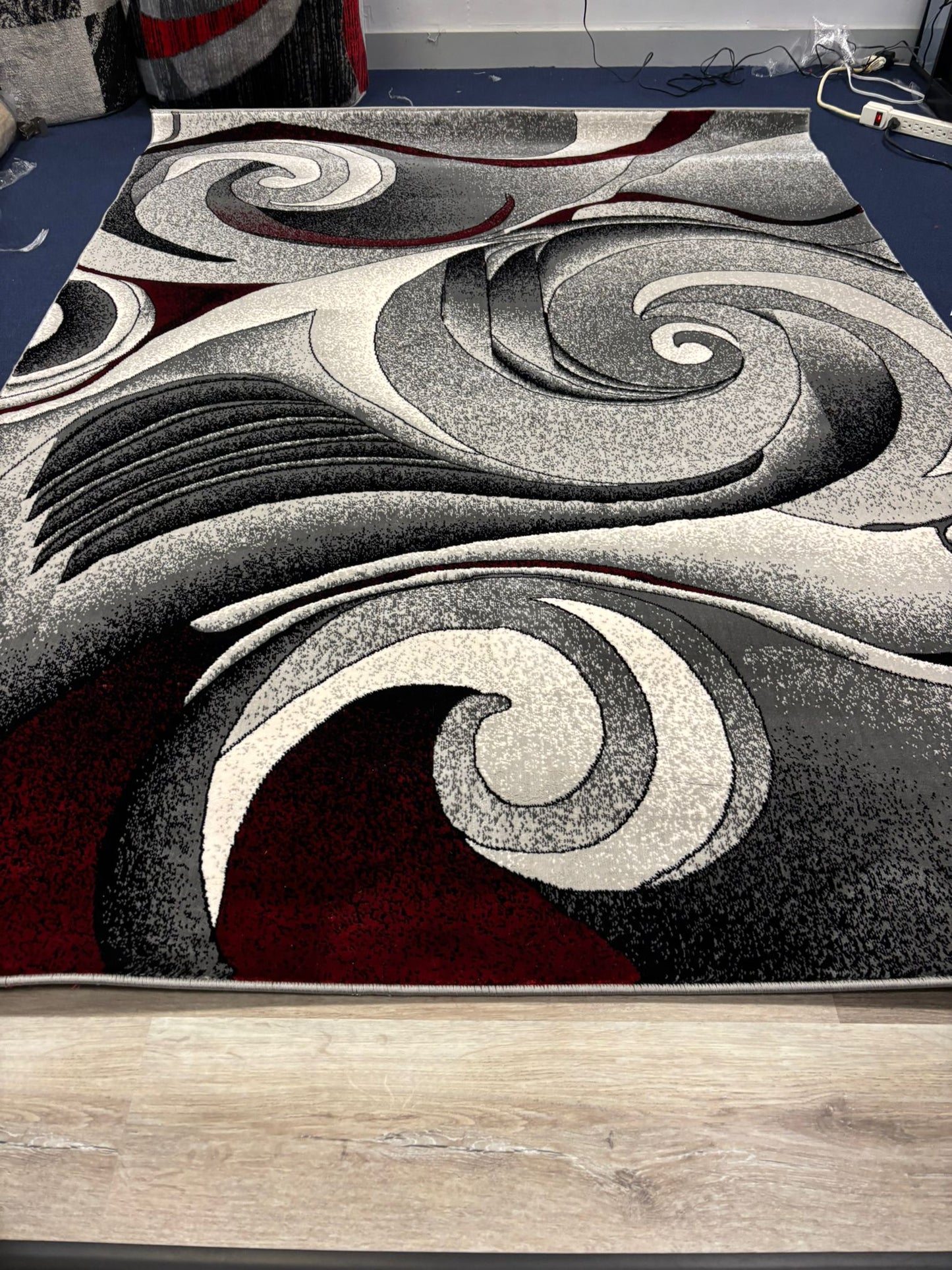 Modern Abstract Swirl Rug – Black, Grey, White & Red | Bold Contemporary Area Rug | Free USA Shipping
