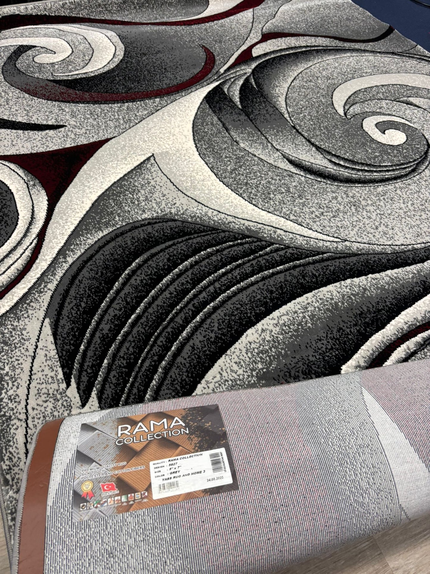 Modern Abstract Swirl Rug – Black, Grey, White & Red | Bold Contemporary Area Rug | Free USA Shipping