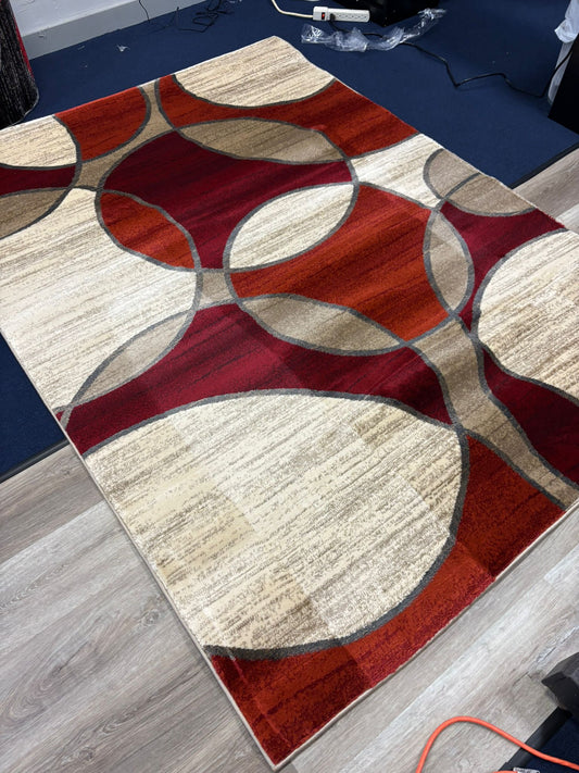 Modern Geometric Circle Rug – Red, Beige & Brown Contemporary Design | Durable & Stylish | Free USA Shipping