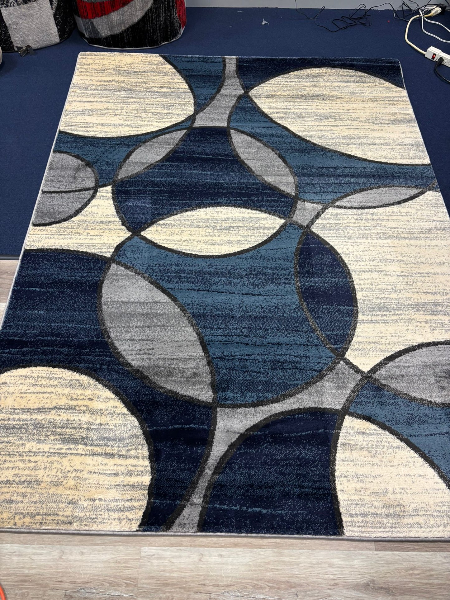 Modern Blue Geometric Circle Rug – Navy, Grey & Cream Contemporary Design | Soft & Durable | Free USA Shipping