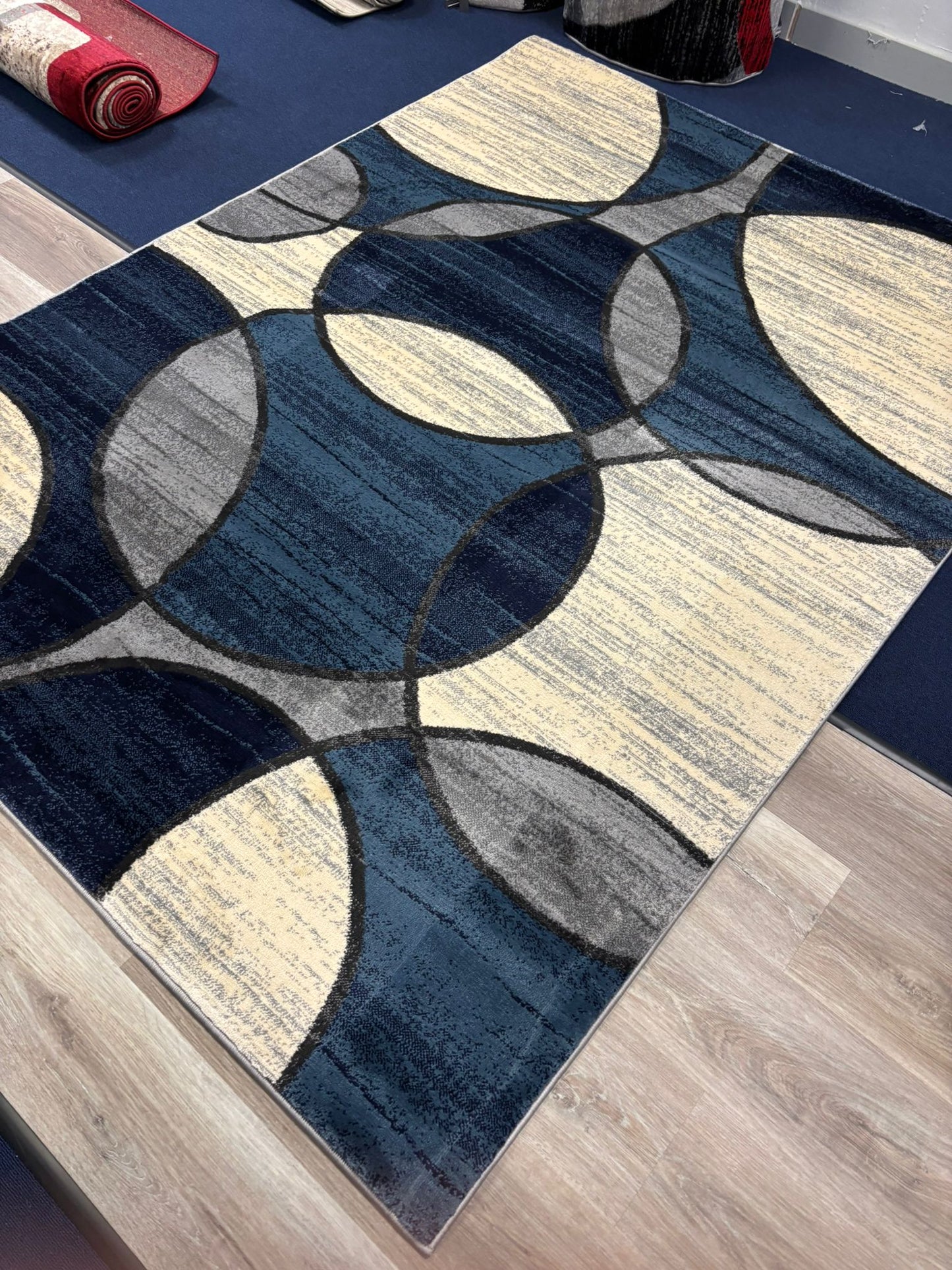 Modern Blue Geometric Circle Rug – Navy, Grey & Cream Contemporary Design | Soft & Durable | Free USA Shipping