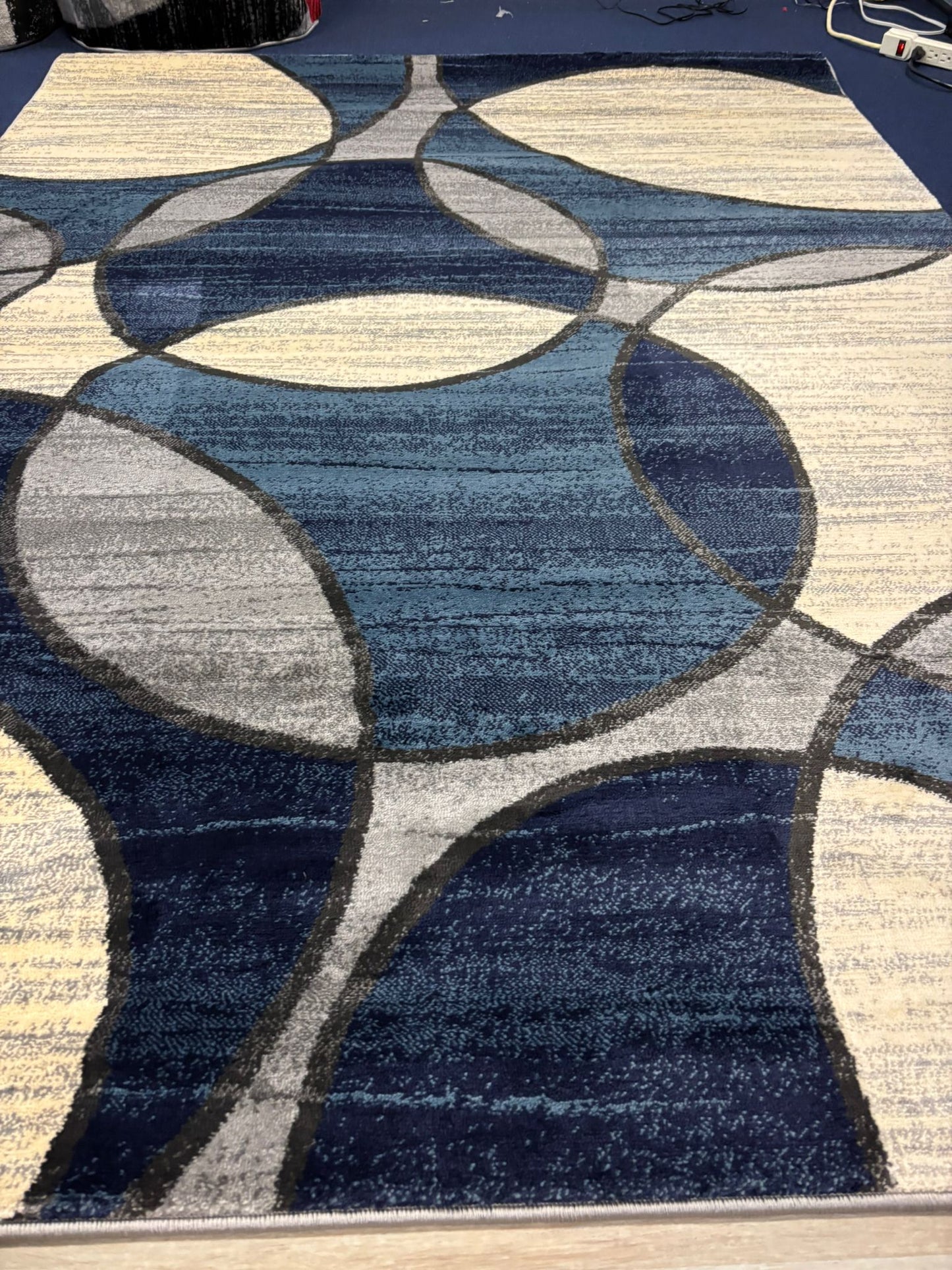 Modern Blue Geometric Circle Rug – Navy, Grey & Cream Contemporary Design | Soft & Durable | Free USA Shipping