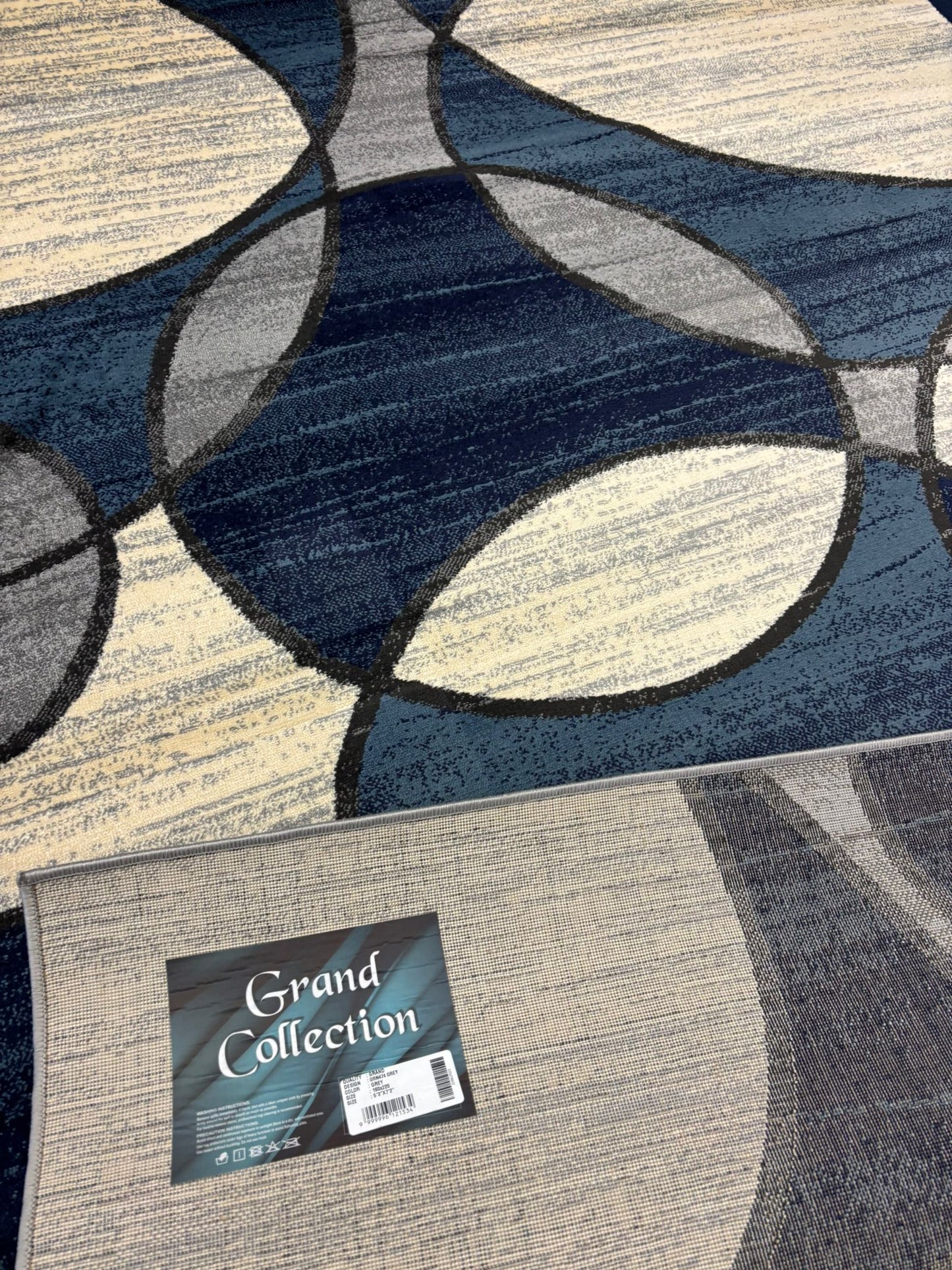 Modern Blue Geometric Circle Rug – Navy, Grey & Cream Contemporary Design | Soft & Durable | Free USA Shipping
