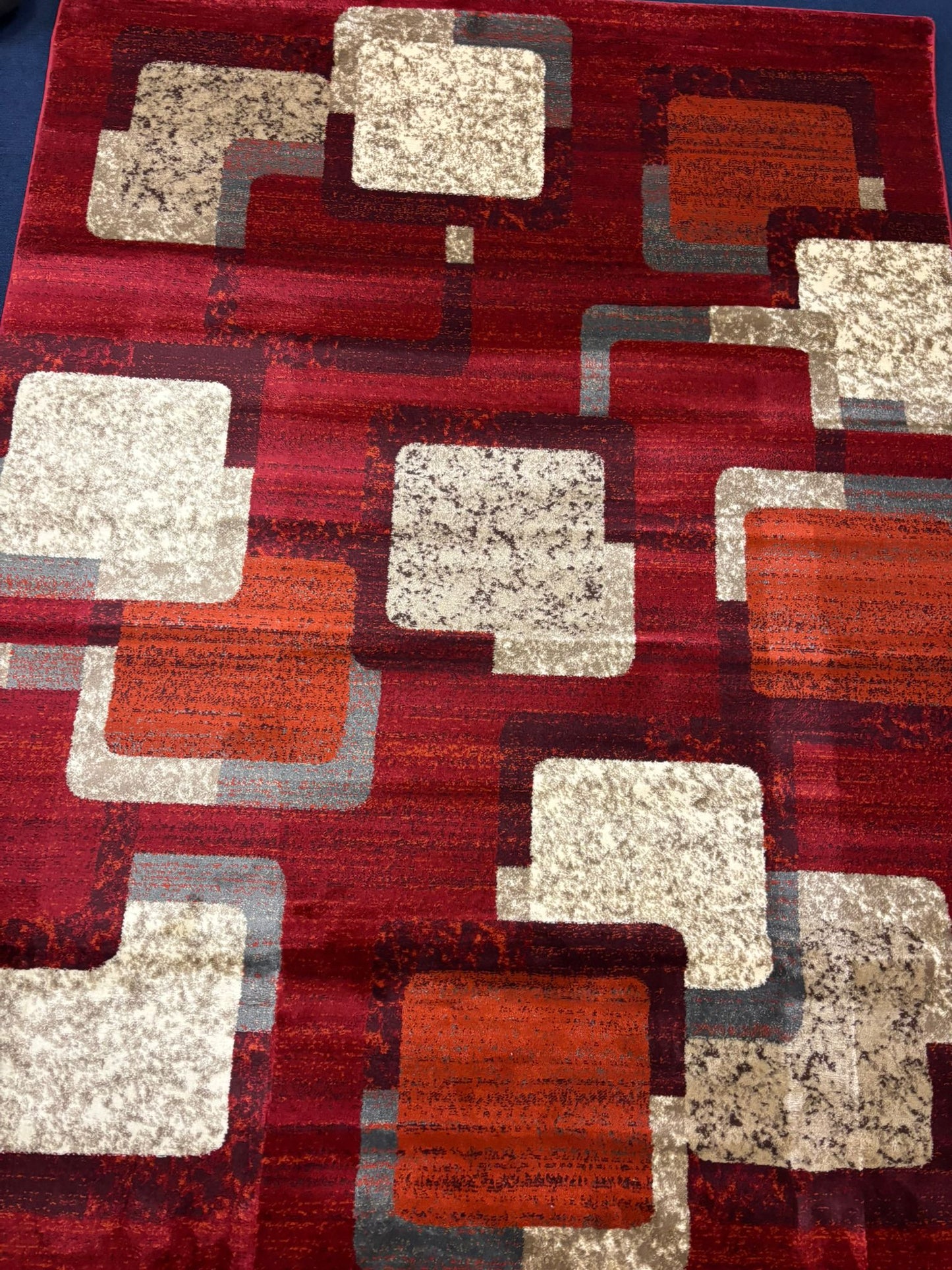 Modern Red Geometric Squares Rug – Warm Contemporary Design with Orange, Cream & Grey | Durable & Soft | Fast Free Shipping