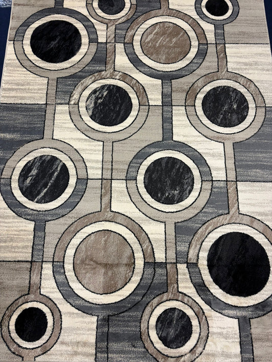 Modern Geometric Circle Rug – Black, Grey & Beige Abstract Area Rug | Contemporary Neutral Decor