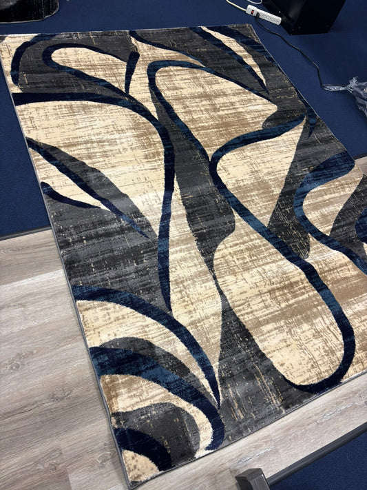 Modern Abstract Wave Pattern Rug – Grey, Black & Navy Area Carpet