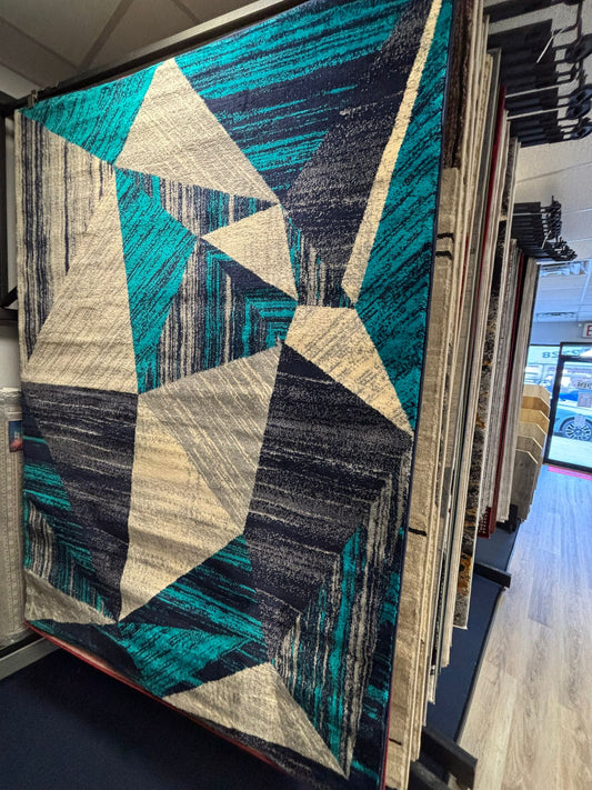 Geometric Blue Area Rug – Modern Triangles in Navy, Grey & Cream
