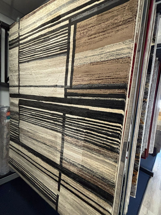 Modern Beige & Black Stripe Rug – Minimalist Geometric Area Rug for Living Room or Office | Neutral Tones | Fast US Shipping