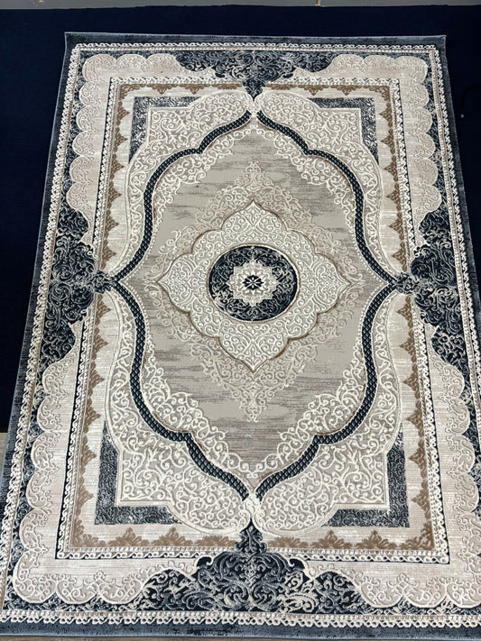 Classic Medallion Area Rug – Beige, Cream & Black Ornamental Carpet
