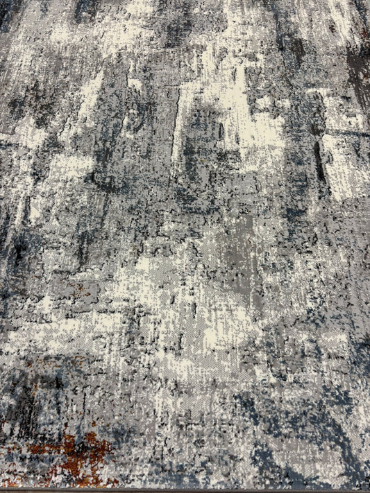 Modern Abstract Grey Area Rug – Distressed Texture with White & Rust Accents