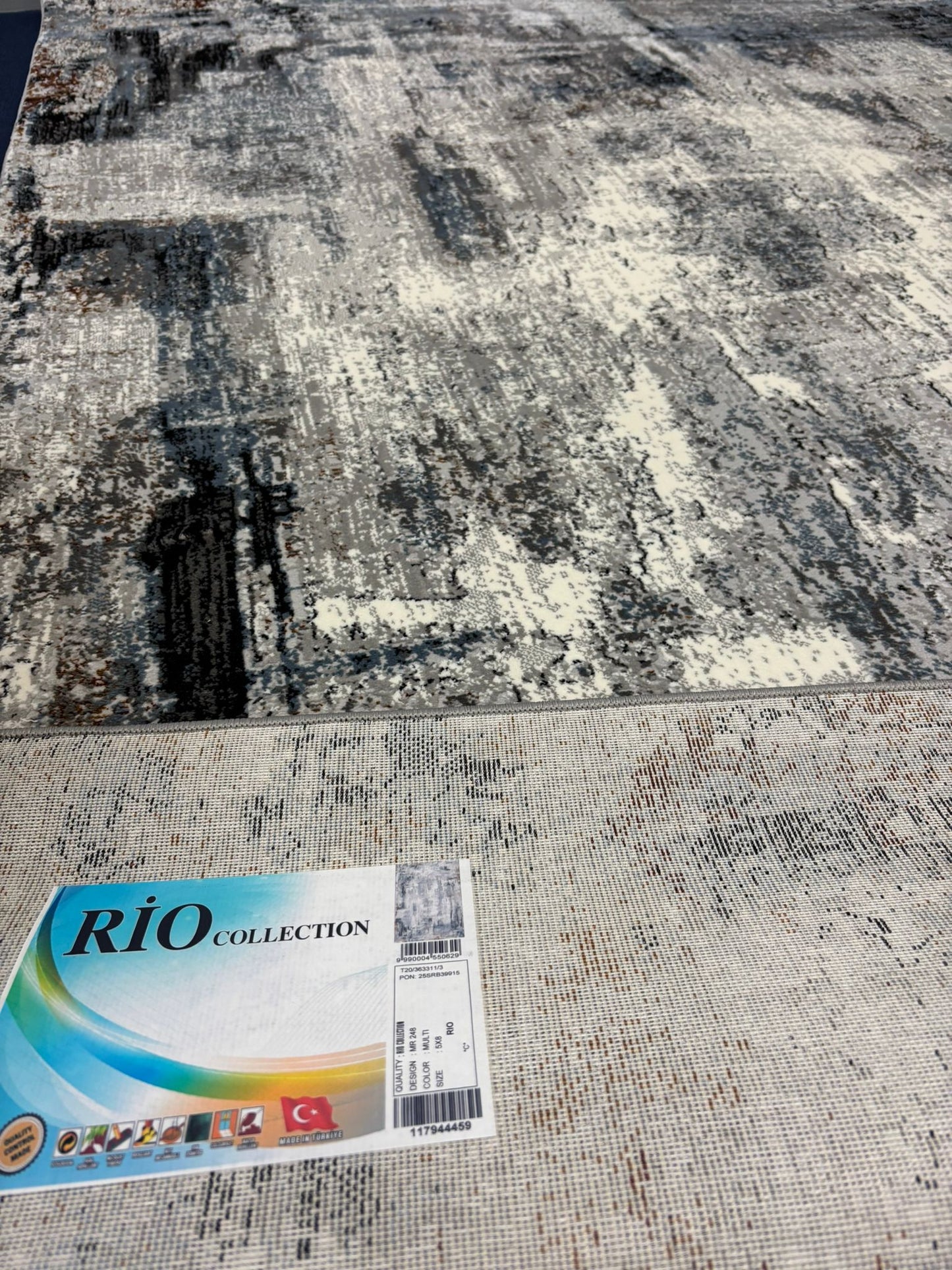 Modern Abstract Grey Area Rug – Distressed Texture with White & Rust Accents