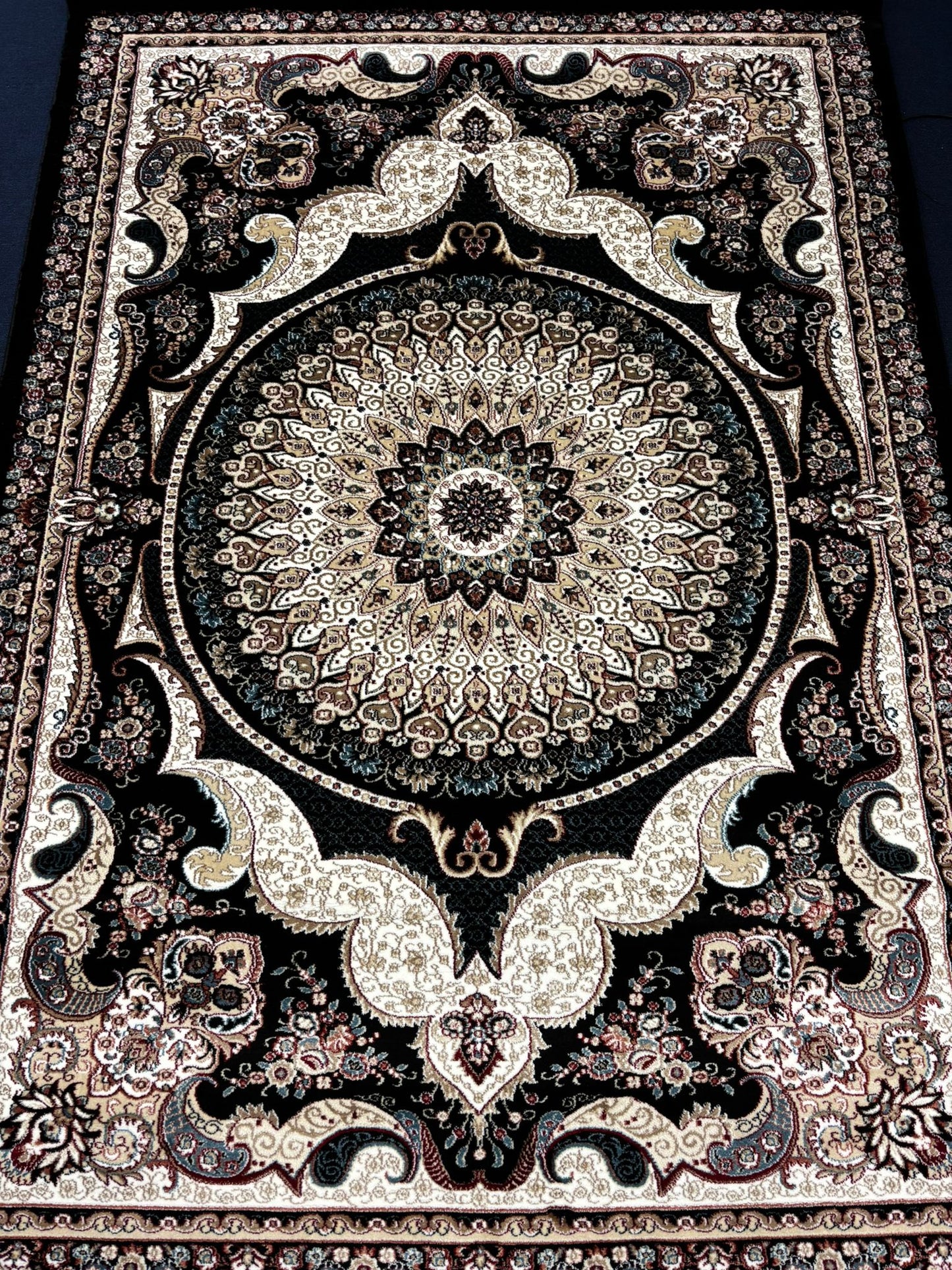 Luxurious Turkish Black Area Rug – Medallion Pattern