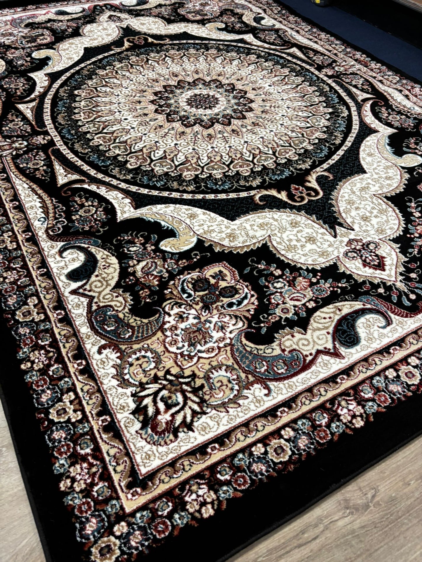 Luxurious Turkish Black Area Rug – Medallion Pattern