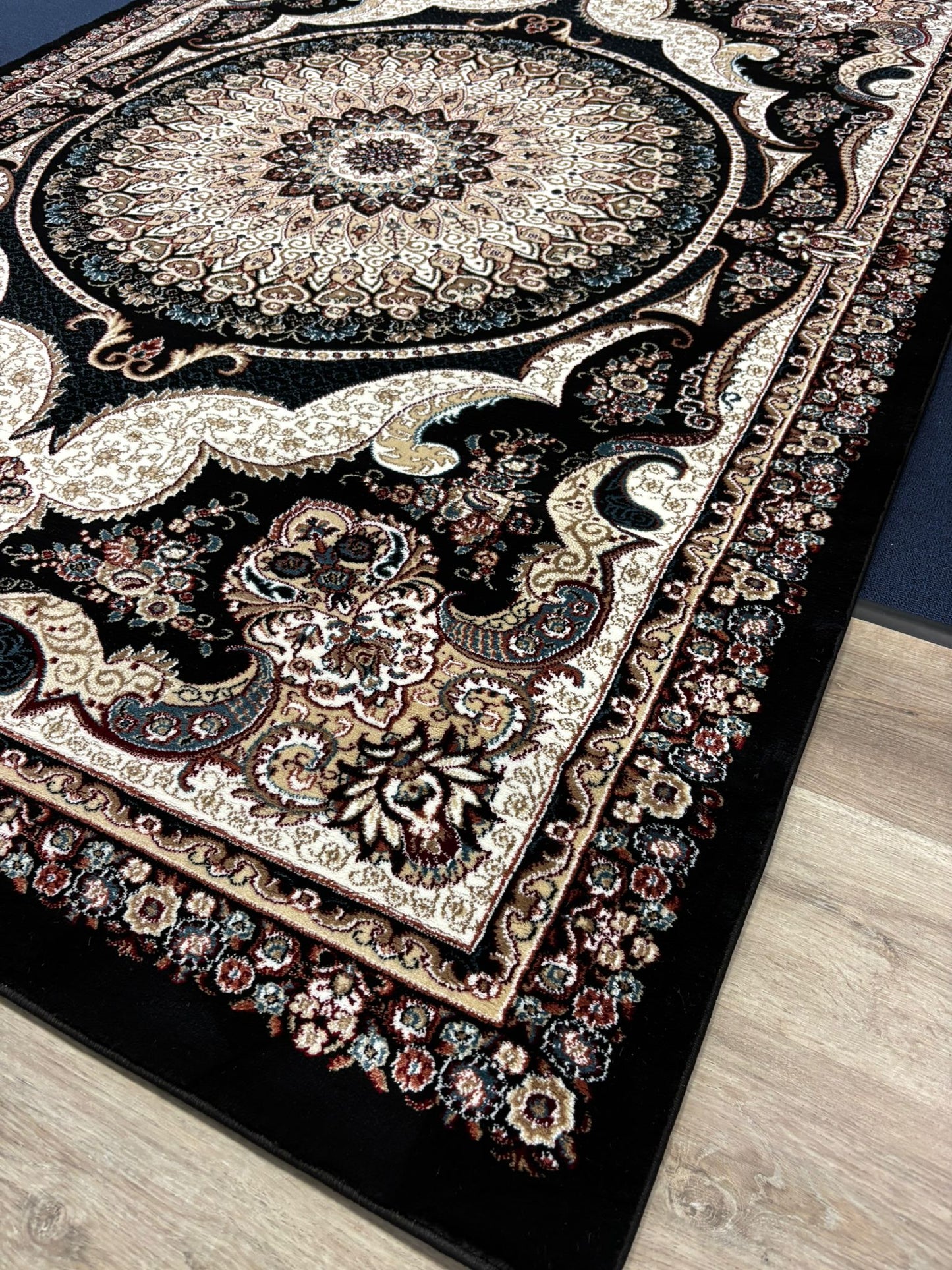 Luxurious Turkish Black Area Rug – Medallion Pattern