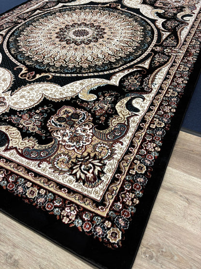 Luxurious Turkish Black Area Rug – Medallion Pattern