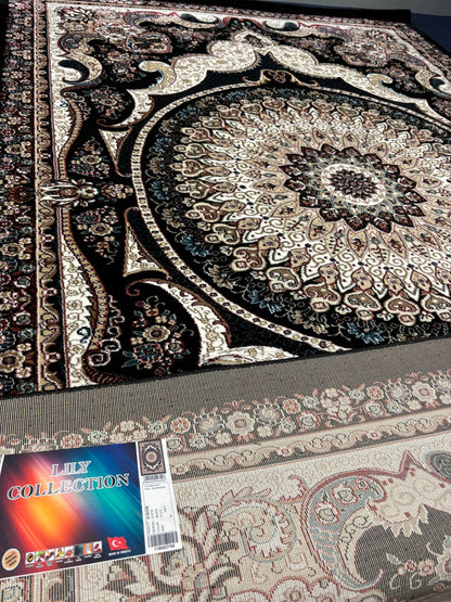 Luxurious Turkish Black Area Rug – Medallion Pattern