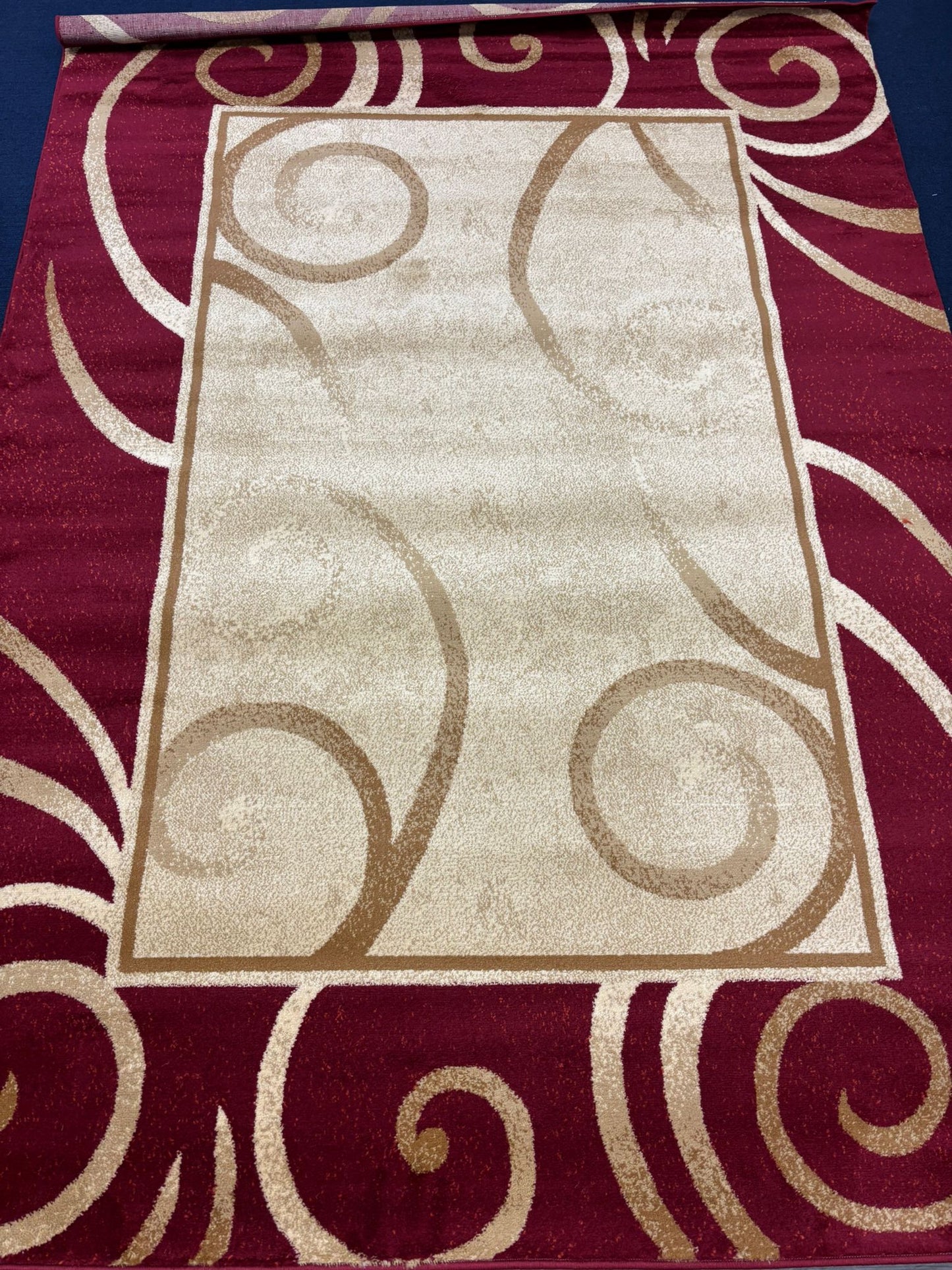 Elegant Red & Beige Swirl Border Area Rug – Classic Style