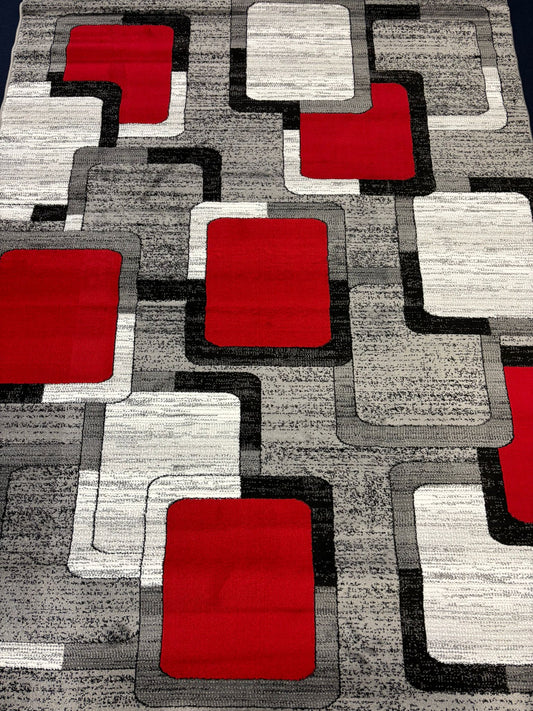 Modern Red & Grey Geometric Area Rug