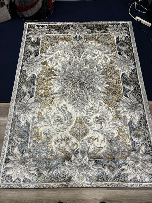 Luxury Classic Pattern Grey and Gold Area Rug – Elegant Modern Home Décor