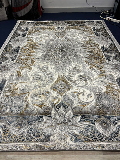 Luxury Classic Pattern Grey and Gold Area Rug – Elegant Modern Home Décor