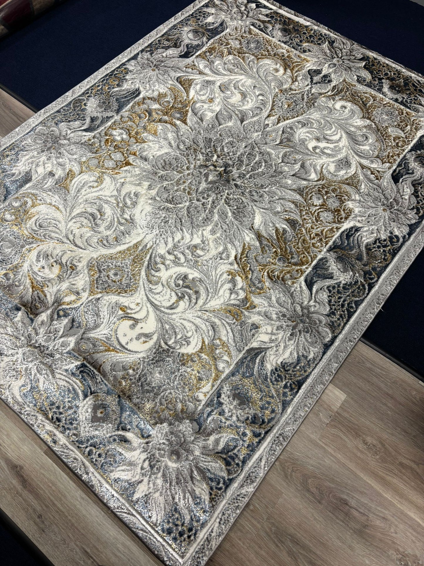 Luxury Classic Pattern Grey and Gold Area Rug – Elegant Modern Home Décor