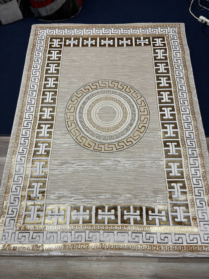 Modern Greek Key Pattern Area Rug – Beige & Gold Luxury Design | Non-Slip | Free USA Shipping