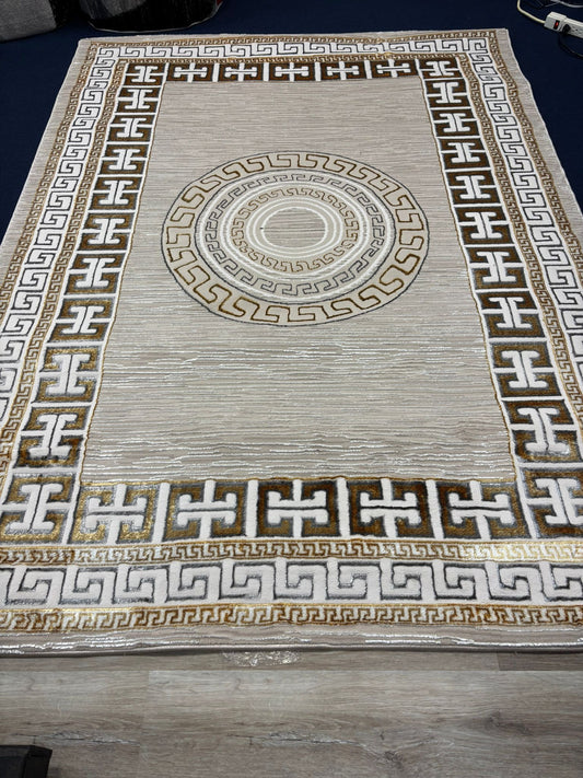 Modern Greek Key Pattern Area Rug – Beige & Gold Luxury Design | Non-Slip | Free USA Shipping