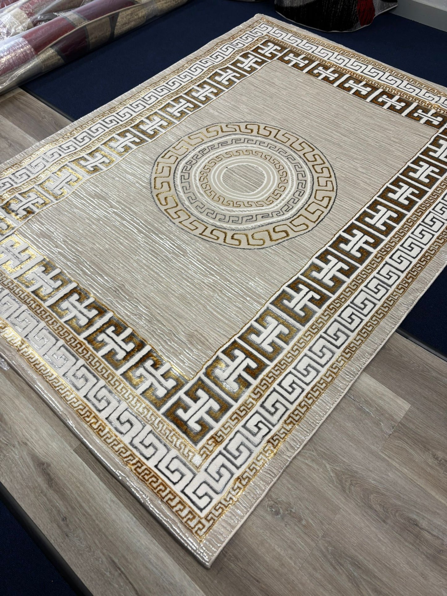 Modern Greek Key Pattern Area Rug – Beige & Gold Luxury Design | Non-Slip | Free USA Shipping