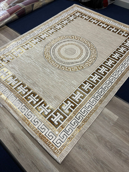 Modern Greek Key Pattern Area Rug – Beige & Gold Luxury Design | Non-Slip | Free USA Shipping