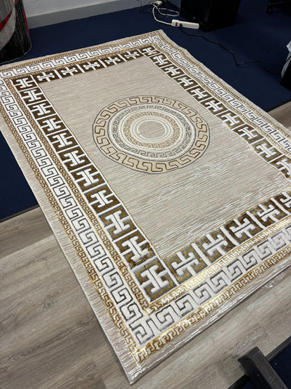 Modern Greek Key Pattern Area Rug – Beige & Gold Luxury Design | Non-Slip | Free USA Shipping