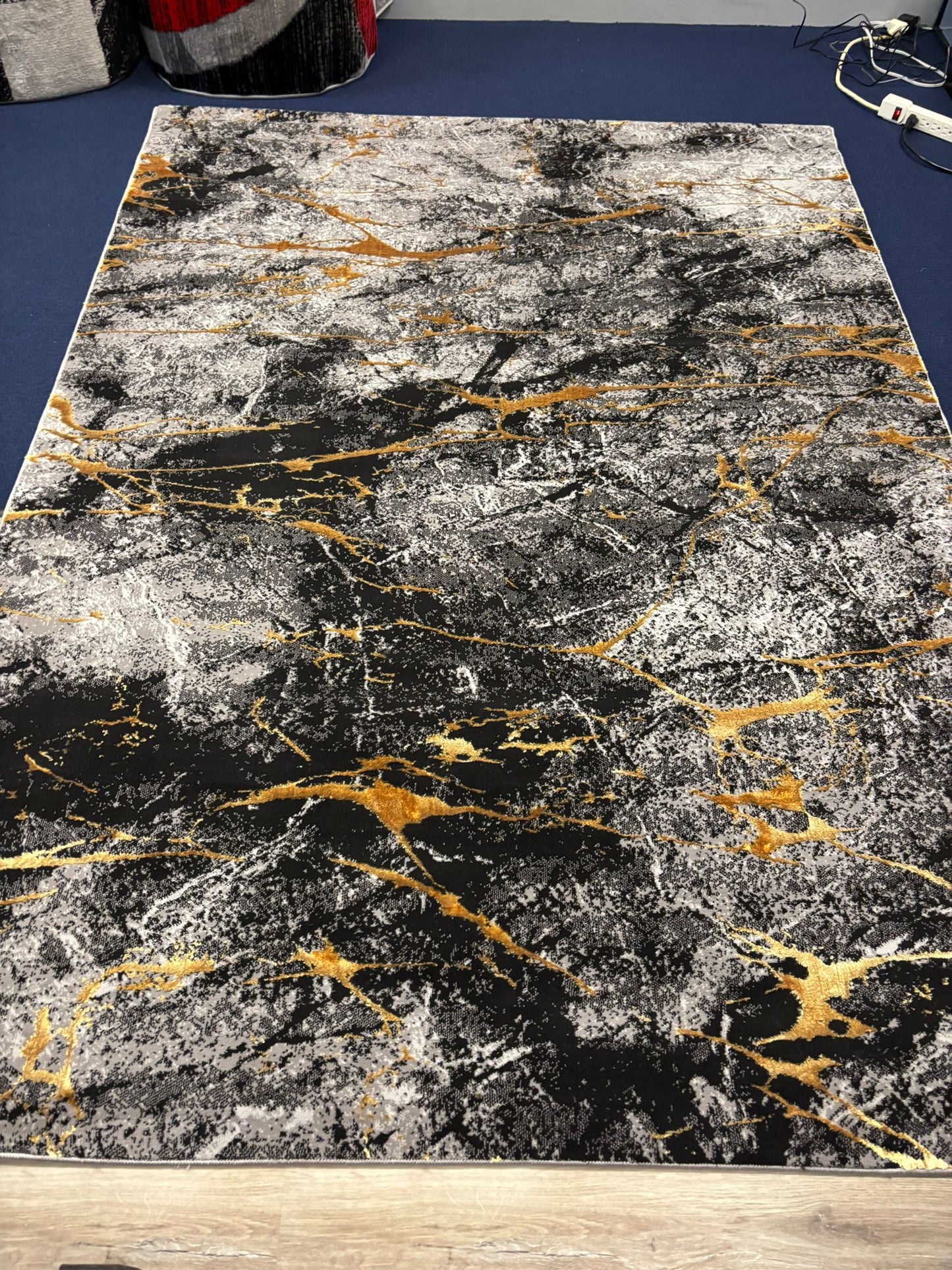Modern Marble Pattern Rug – Black, Grey, and Gold Abstract Design | Contemporary Style