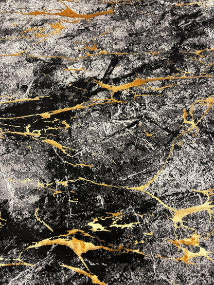 Modern Marble Pattern Rug – Black, Grey, and Gold Abstract Design | Contemporary Style