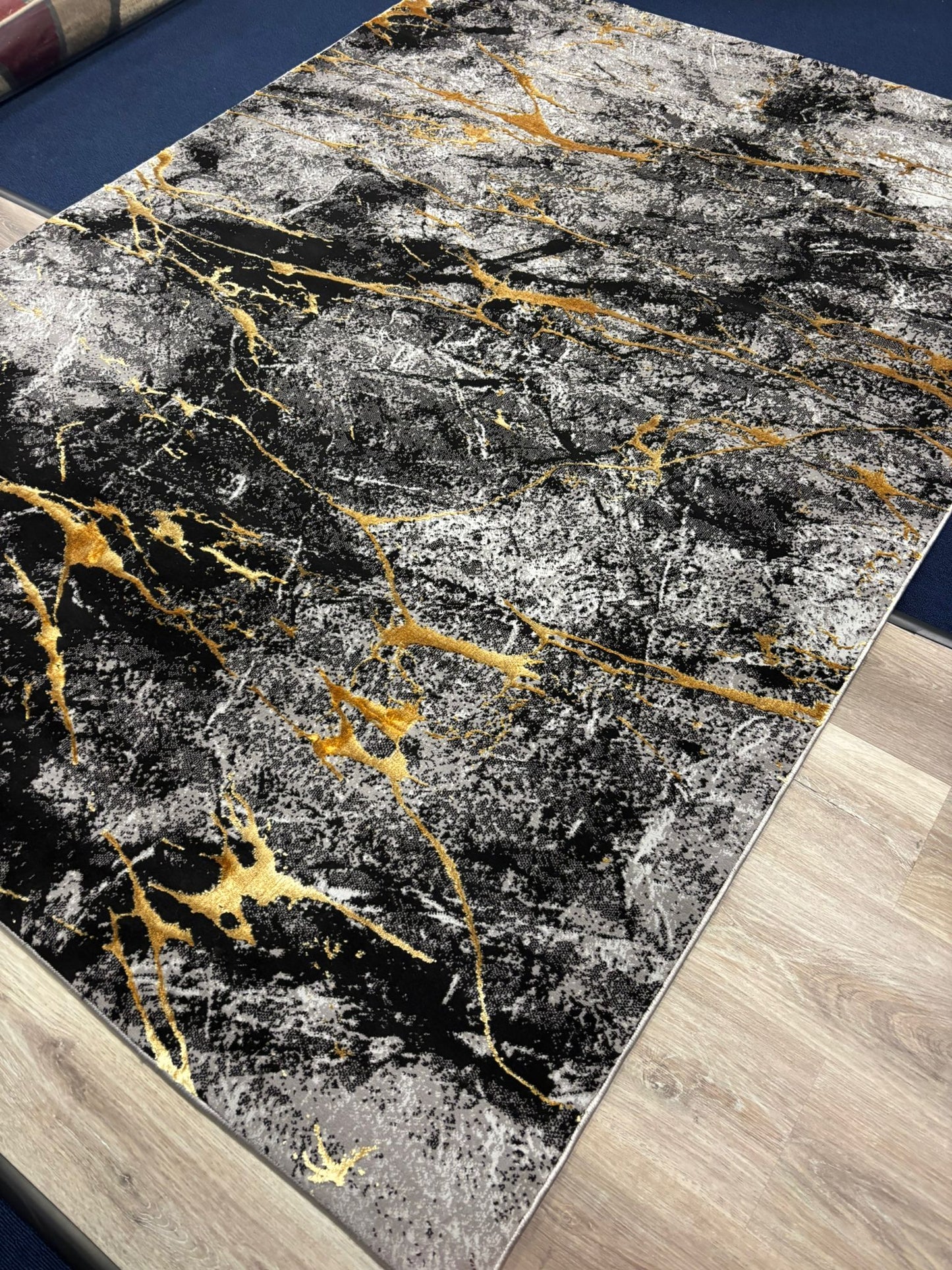 Modern Marble Pattern Rug – Black, Grey, and Gold Abstract Design | Contemporary Style