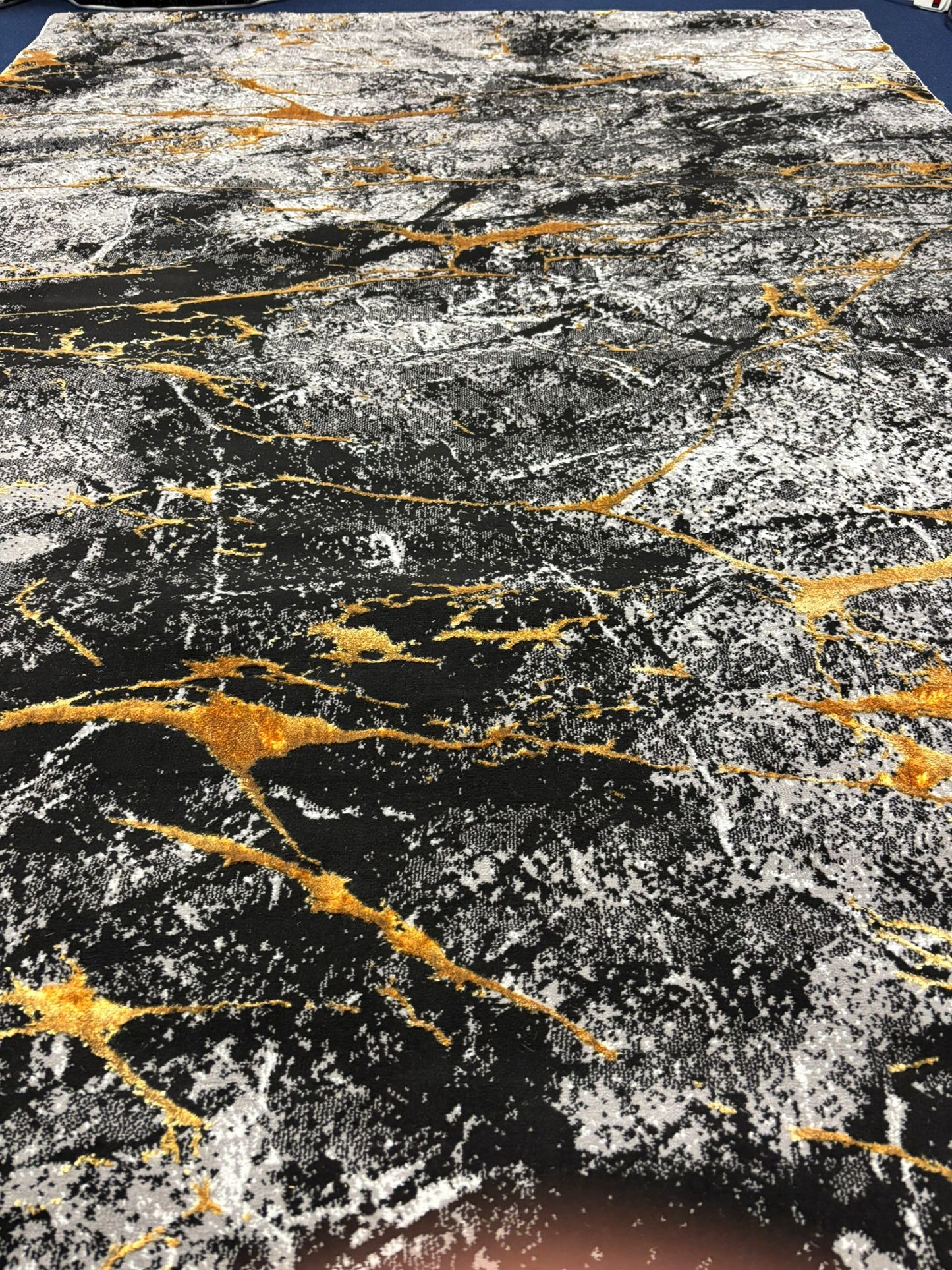 Modern Marble Pattern Rug – Black, Grey, and Gold Abstract Design | Contemporary Style