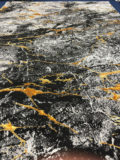 Modern Marble Pattern Rug – Black, Grey, and Gold Abstract Design | Contemporary Style