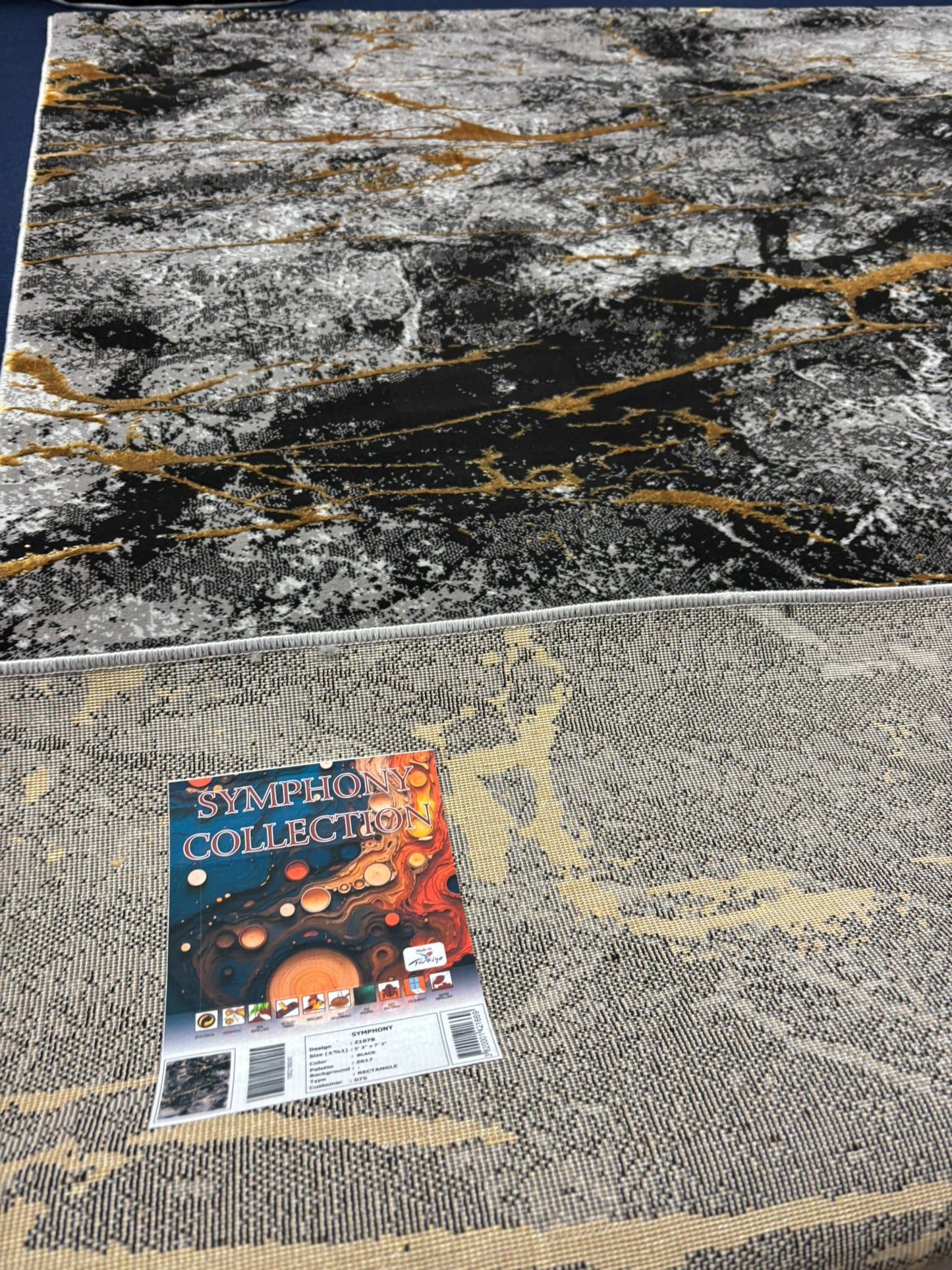 Modern Marble Pattern Rug – Black, Grey, and Gold Abstract Design | Contemporary Style