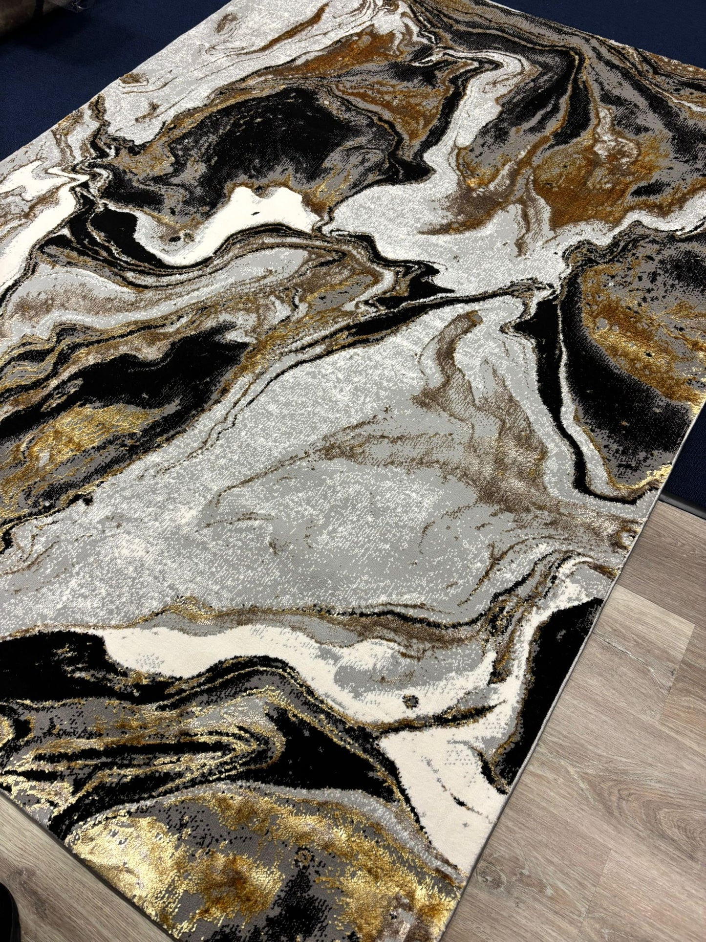 Luxury Abstract Marble Area Rug – Black, Gold & White | Modern Statement Design | Free USA Shipping