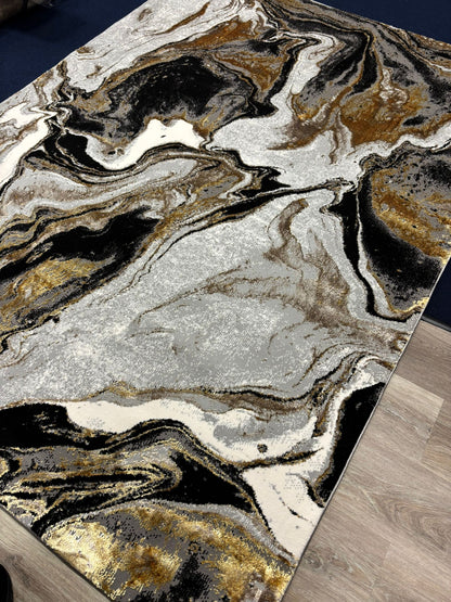 Luxury Abstract Marble Area Rug – Black, Gold & White | Modern Statement Design | Free USA Shipping