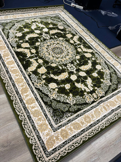 Persian Style Green Medallion Rug – Elegant Floral Design in Ivory & Gold | Classic Luxury Area Rug | Free USA Shipping