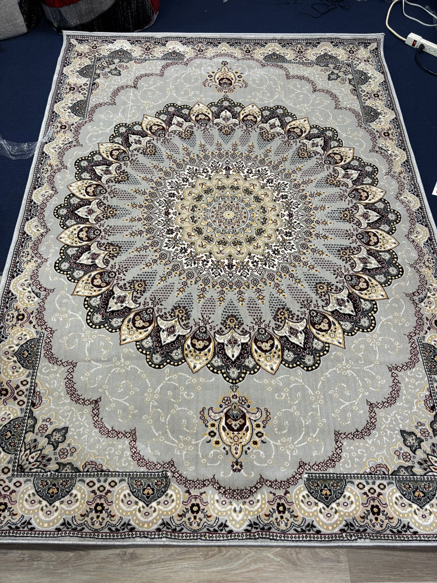 Persian Mandala Medallion Rug – Grey, Beige & Burgundy | Traditional Luxury Area Rug | Free USA Shipping