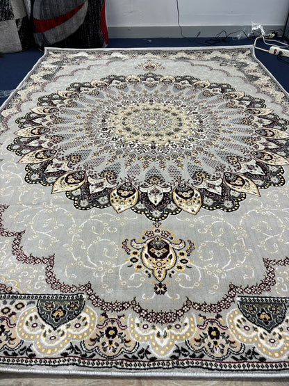Persian Mandala Medallion Rug – Grey, Beige & Burgundy | Traditional Luxury Area Rug | Free USA Shipping