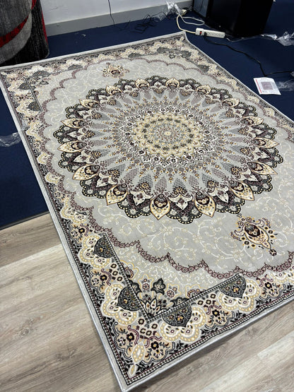 Persian Mandala Medallion Rug – Grey, Beige & Burgundy | Traditional Luxury Area Rug | Free USA Shipping