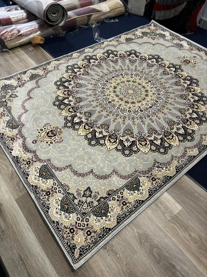 Persian Mandala Medallion Rug – Grey, Beige & Burgundy | Traditional Luxury Area Rug | Free USA Shipping